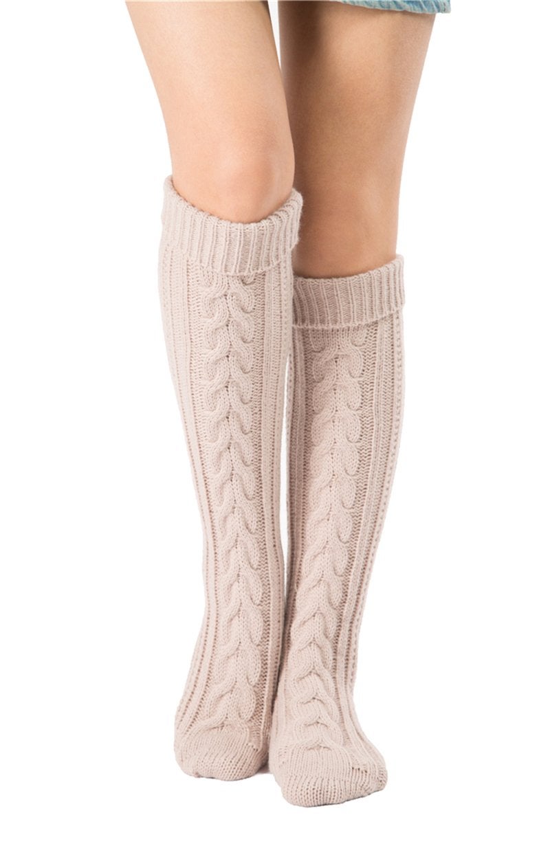 SherryDC Women's Cable Knit Long Boot Socks Over Knee High Winter Leg Warmers, Beige, One Size - Image 1